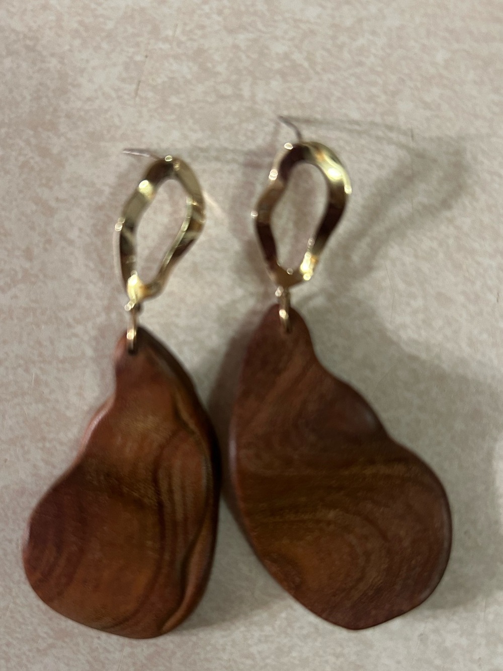 Gold and Brown Teardrop Wood Dangle Earrings
